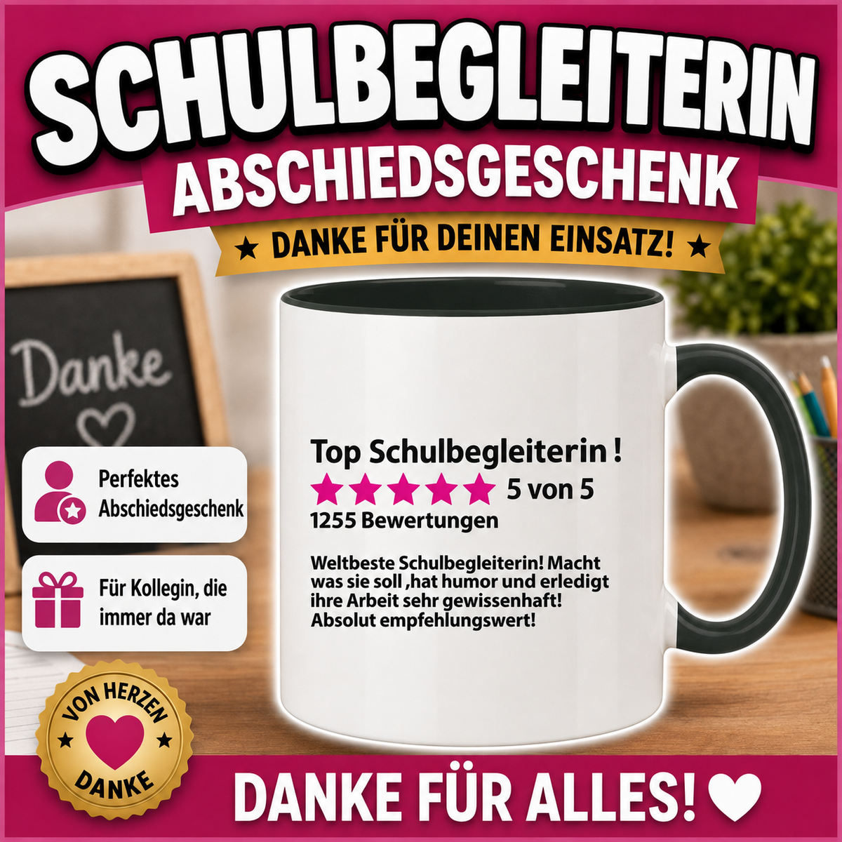 Tasse als persönliches Geschenk für Schulbegleiterin und Schulbegleiter zum Abschied mit lustigem Bewertungs-Spruch „Top Schulbegleiter“