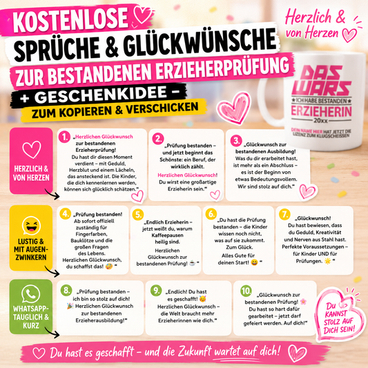 Kostenlose Sprüche & Glückwünsche zur bestandenen Erzieherprüfung + Geschenkidee – zum Kopieren & Verschicken" Herzlich Lustig; von Herzen für Whatsapp oder Karte