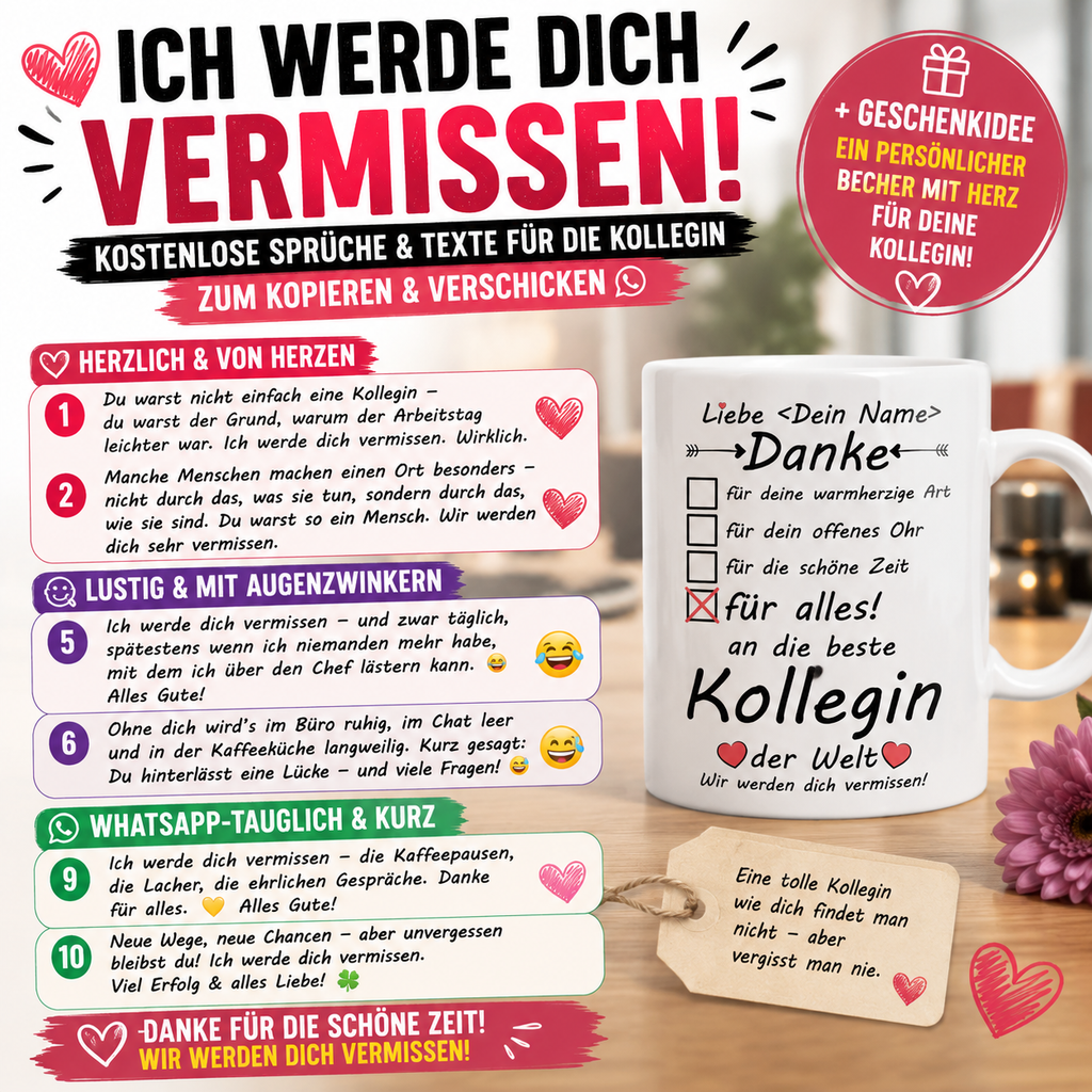 Kostenlose Sprüche & Texte „Ich werde dich vermissen + Geschenkidee ür die Kollegin zum Kopieren & Verschicken 