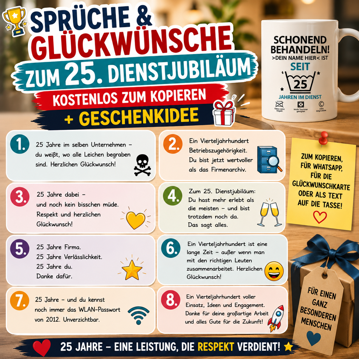 Sprüche &amp; Glückwünsche zum 25. Dienstjubiläum – kostenlos zum Kopieren + Geschenkidee. ,Für WhatsApp, die Glückwunschkarte oder als Wunschtext auf der Tasse