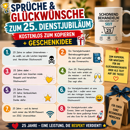 Sprüche &amp; Glückwünsche zum 25. Dienstjubiläum – kostenlos zum Kopieren + Geschenkidee. ,Für WhatsApp, die Glückwunschkarte oder als Wunschtext auf der Tasse