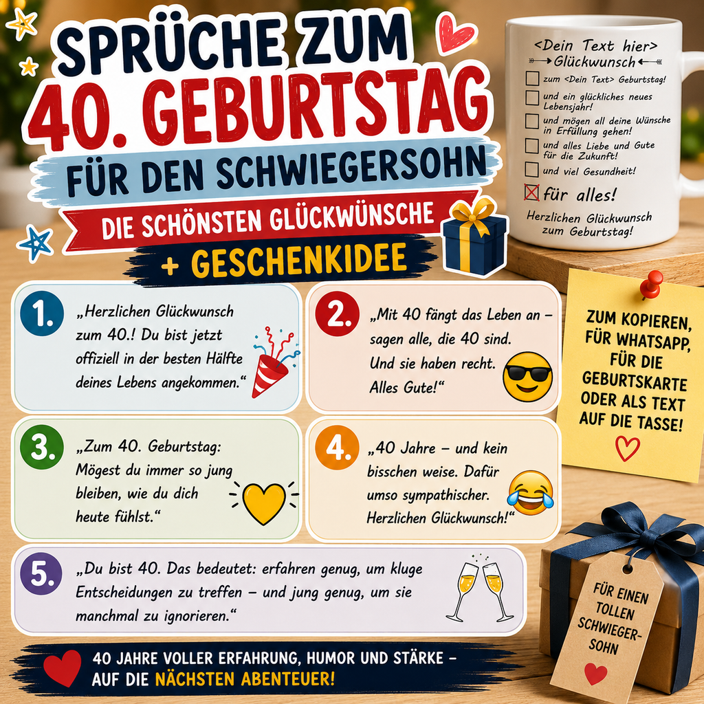Kostenlose Sprüche zum 40. Geburtstag für den Schwiegersohn – die schönsten Glückwünsche + Geschenkidee. Für WhatsApp, die Geburtstagskarte oder direkt als Wunschtext auf der personalisierten Tasse – einfach kopieren