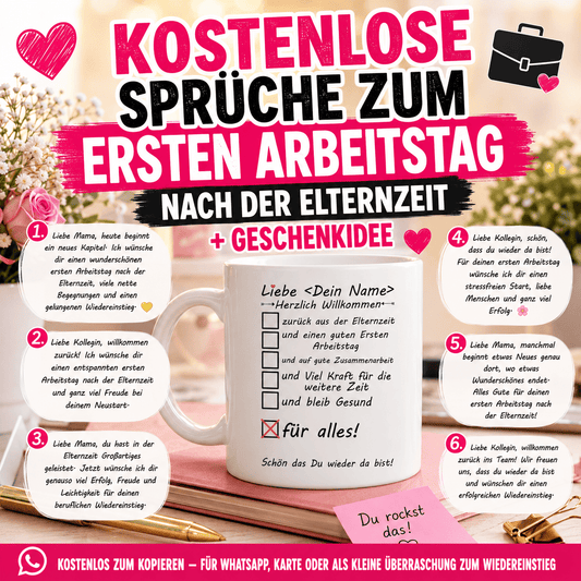 Sprüche zum ersten Arbeitstag nach der Elternzeit + Geschenkidee" Kostenlose Texte zum Kopieren – für WhatsApp, Karte oder als kleine Überraschung zum Wiedereinstieg