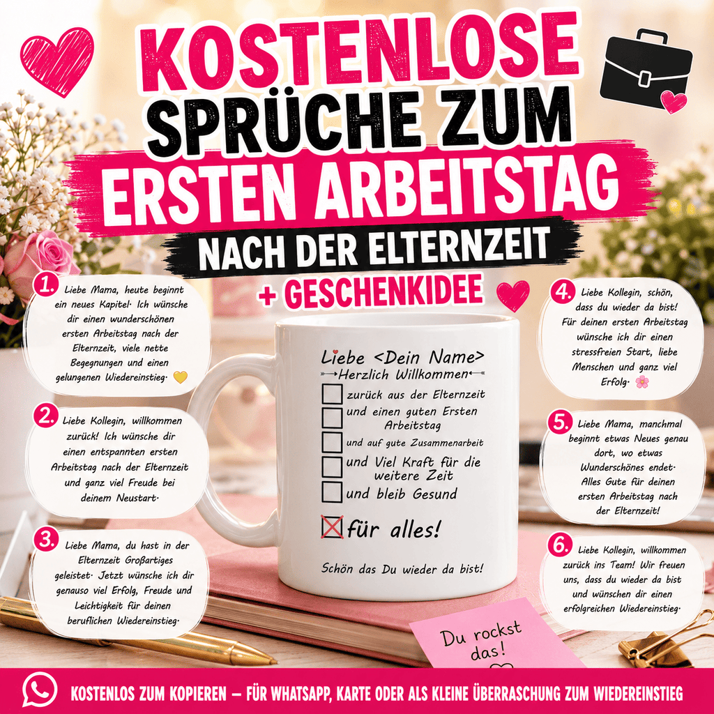 Sprüche zum ersten Arbeitstag nach der Elternzeit + Geschenkidee" Kostenlose Texte zum Kopieren – für WhatsApp, Karte oder als kleine Überraschung zum Wiedereinstieg
