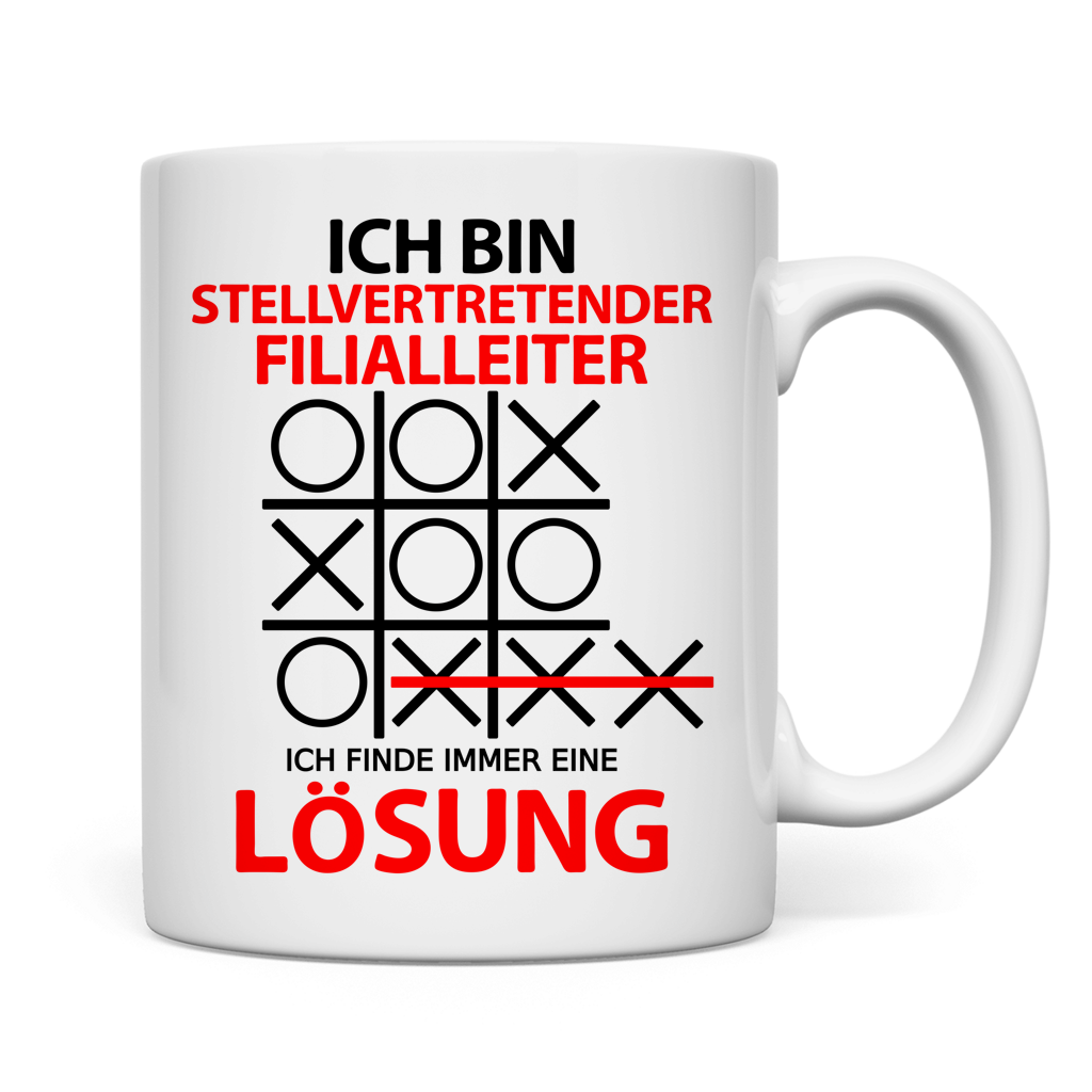Weisse Keramiktasse mit Spruch fuer stellvertretende Filialleitung und Filialleiter als Dankeschoen zum Abschied Jobwechsel oder Geburtstag mit 330 ml Fassungsvermoegen und C-Henkel