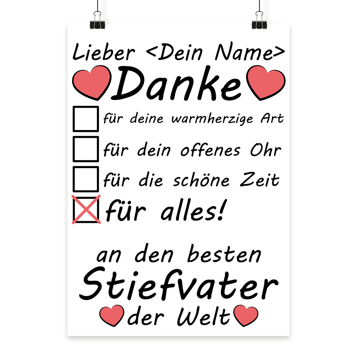 Stiefvater Dankeschoen-Geschenk Poster DIN A3, Fine-Art-Print zum Vatertag, individuell mit Wunschname personalisiert

