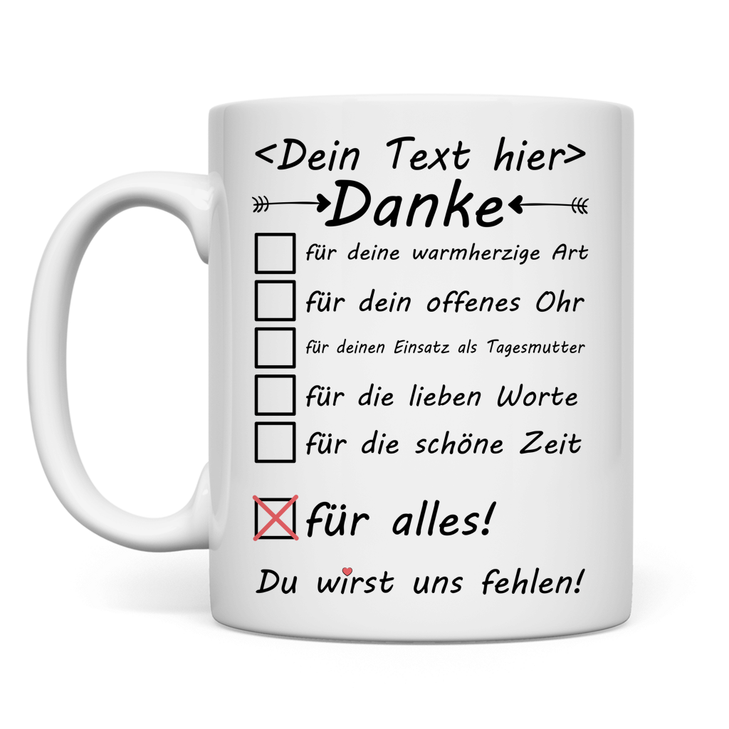 Weisse Keramiktasse mit Aufdruck Danke fuer alles als persoenliches Abschiedsgeschenk fuer Tagesmutter zum Ruhestand Betreuungswechsel oder wenn Kind in Kindergarten kommt auf weissem Hintergrund