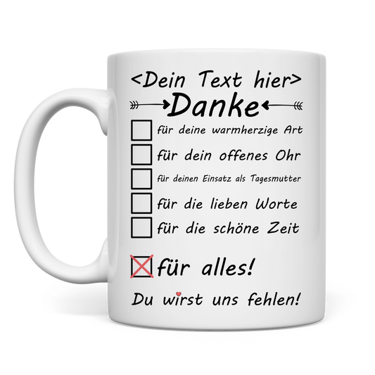 Weisse Keramiktasse mit Aufdruck Danke fuer alles als persoenliches Abschiedsgeschenk fuer Tagesmutter zum Ruhestand Betreuungswechsel oder wenn Kind in Kindergarten kommt auf weissem Hintergrund