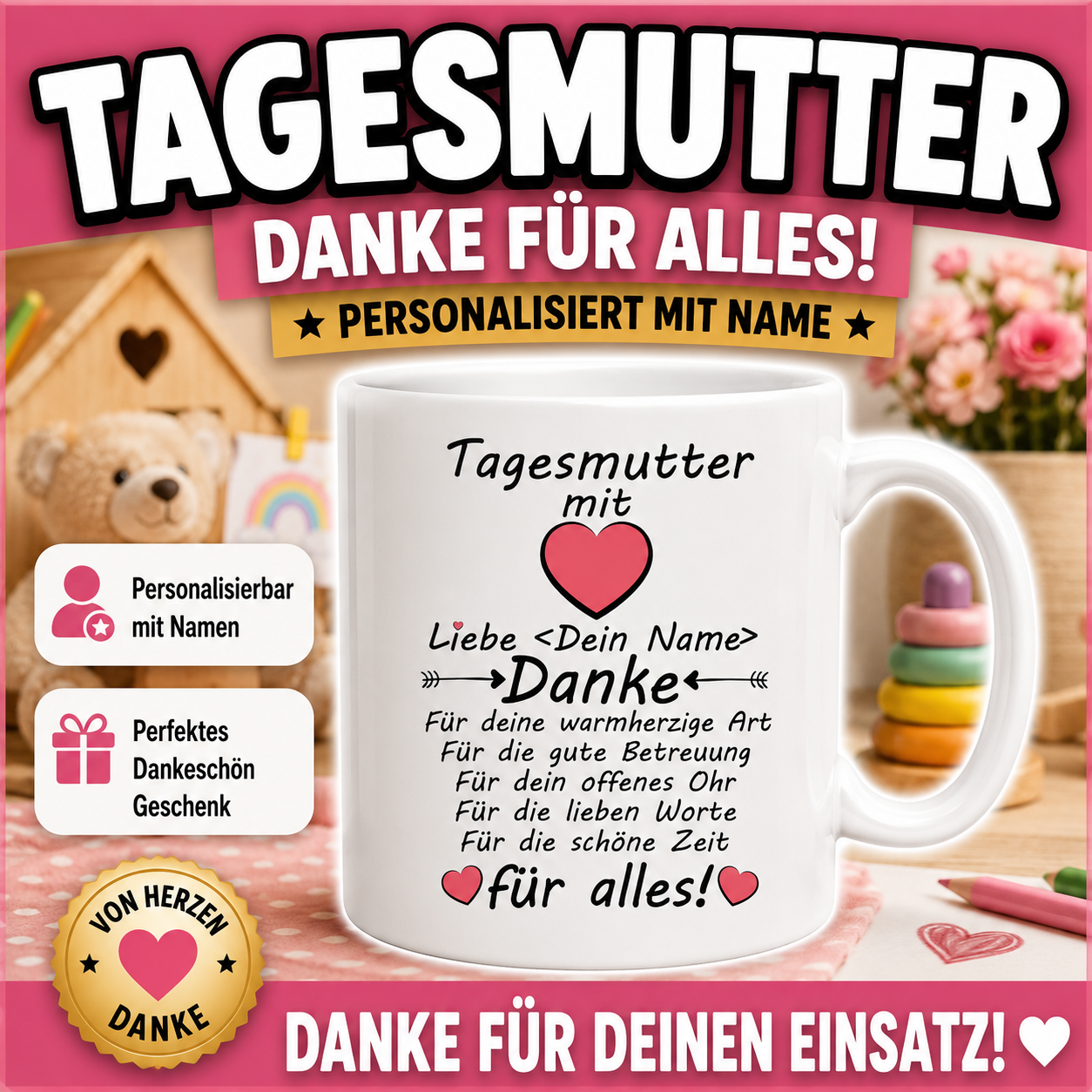 Personalisierte Tagesmutter Tasse als Dankeschön Geschenk mit Namen und liebevollem Danke-Spruch für die herzliche Betreuung