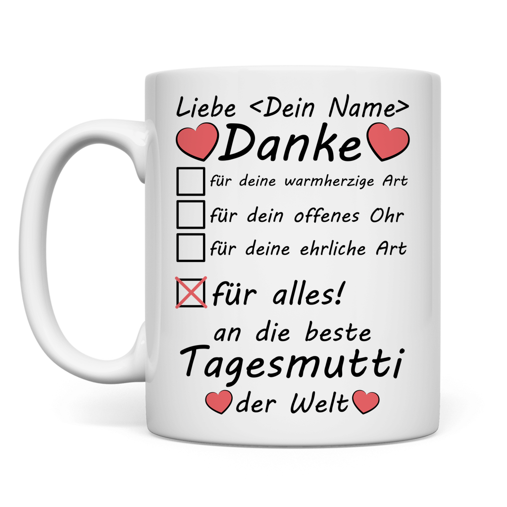 Weisse personalisierte Keramiktasse mit Namen fuer Tagesmutti als Geschenk zum Geburtstag