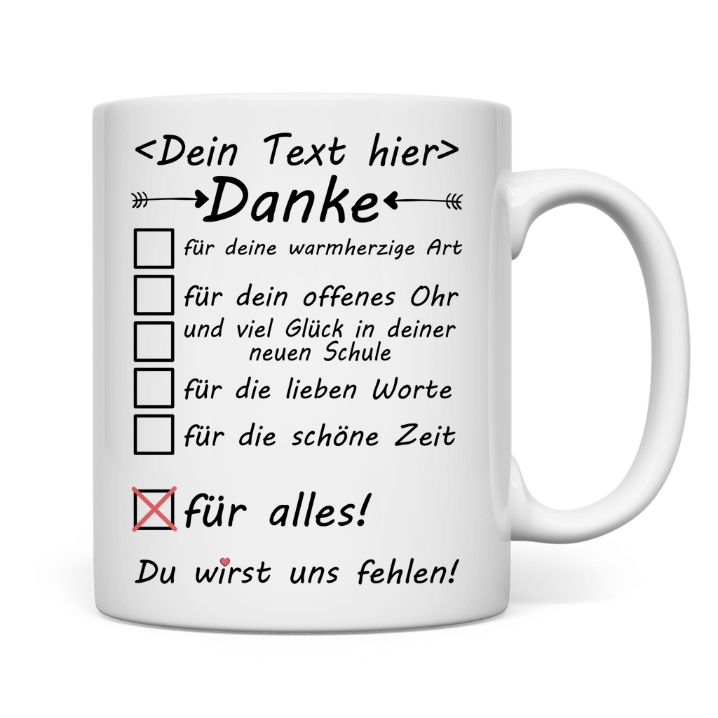 Weisse Keramiktasse mit Aufdruck Danke fuer alles als Abschiedsgeschenk fuer Lehrerin zum Schulwechsel von Grundschule zu weiterfuehrender Schule oder Ruhestand auf weissem Hintergrund