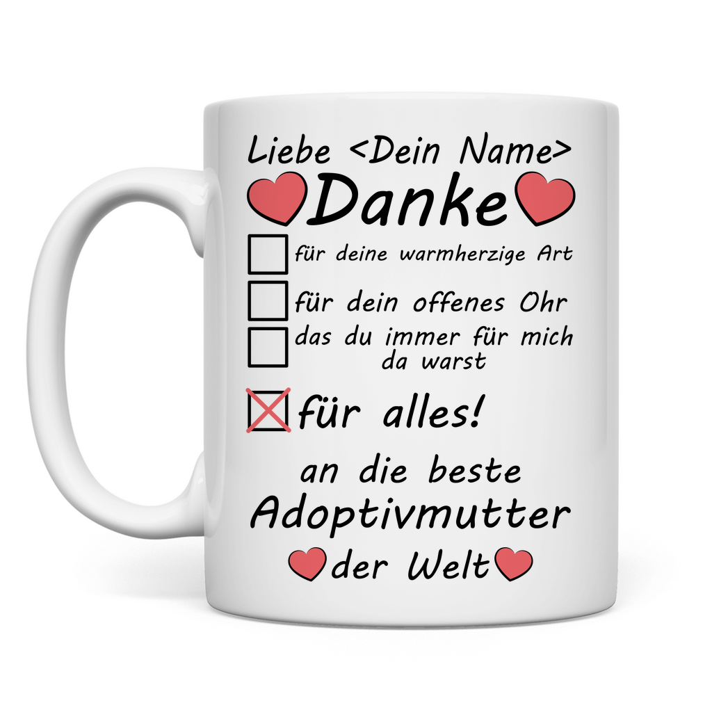 Tasse Adoptivmutter - Danke Geschenk personalisiert mit Namen - Weiße Premium Keramiktasse zum Muttertag
