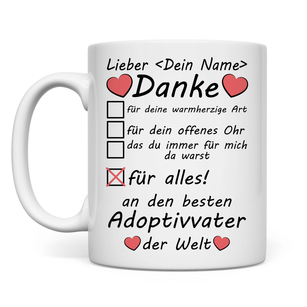 Weiße Keramiktasse mit Aufschrift Adoptivvater danke für alles ankreuzen