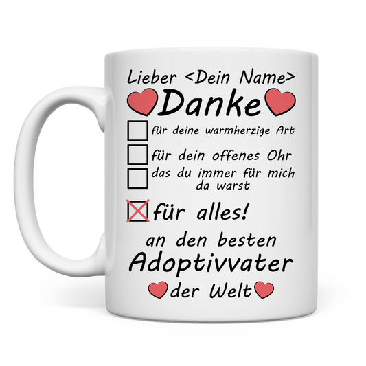 Weiße Keramiktasse mit Aufschrift Adoptivvater danke für alles ankreuzen