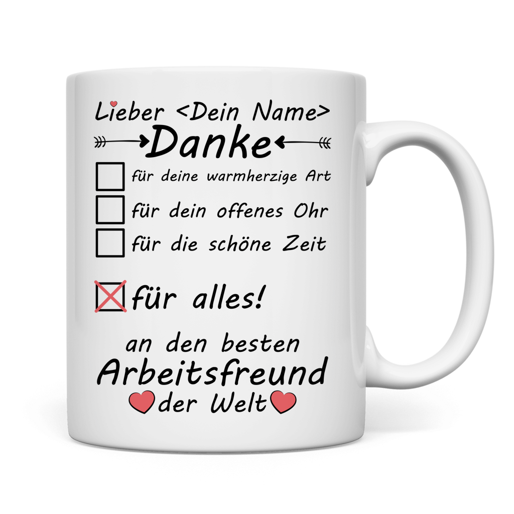  Weisse Keramiktasse mit Aufdruck Arbeitsfreund Danke fuer alles individuell mit Namen personalisierbar als Abschiedsgeschenk Kollege Jobwechsel Ruhestand Weihnachtsgeschenk Buero Premium Qualitaet
