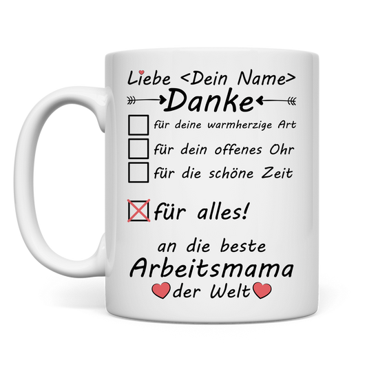 Personalisierte Keramiktasse fuer Arbeitsmama mit Namen, weisse Premium-Tasse als Abschiedsgeschenk, Dankeschoen-Geschenk zum Muttertag, Geburtstag oder zur Wertschaetzung