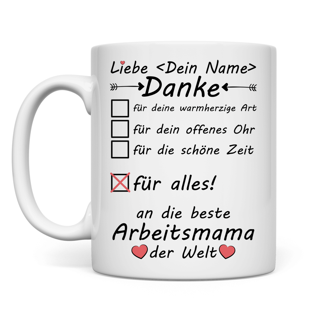 Personalisierte Keramiktasse fuer Arbeitsmama mit Namen, weisse Premium-Tasse als Abschiedsgeschenk, Dankeschoen-Geschenk zum Muttertag, Geburtstag oder zur Wertschaetzung