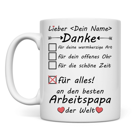 Personalisierte Keramiktasse fuer Arbeitspapa mit Namen, weisse Premium-Tasse als Abschiedsgeschenk, Dankeschoen zum Vatertag, Geburtstag, Ruhestand oder zur Wertschaetzung