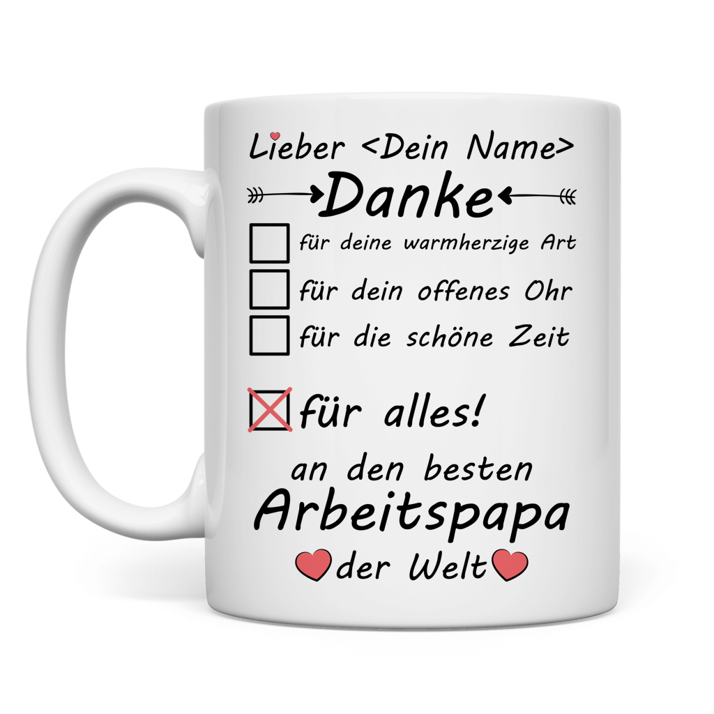 Personalisierte Keramiktasse fuer Arbeitspapa mit Namen, weisse Premium-Tasse als Abschiedsgeschenk, Dankeschoen zum Vatertag, Geburtstag, Ruhestand oder zur Wertschaetzung