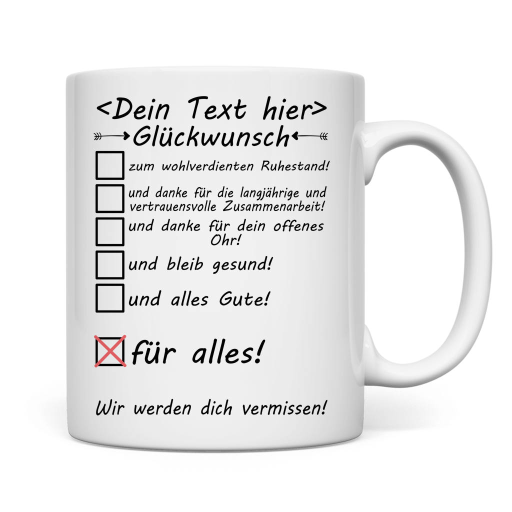 Hochwertige Keramiktasse beidseitig bedruckt mit individuellem Namen als Geschenk fuer Arzt zum Ruhestand, zur Pensionierung von Medizinern oder zur Verabschiedung aus der Praxis