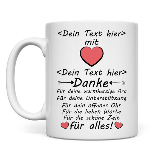 Personalisierte Keramiktasse fuer Azubi-Beauftragte mit Herz-Motiv und Danke-Text, weisse Premium-Keramik mit C-Henkel, ideales Abschiedsgeschenk zum Ende der Ausbildung