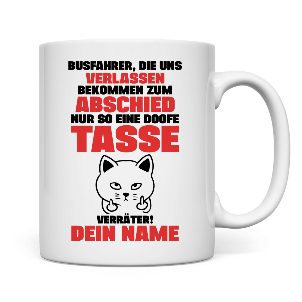Weisse Tasse mit Wunschname fuer Busfahrer zur Pensionierung, Premium-Keramik mit C-Henkel, Geschenk Ruhestand
