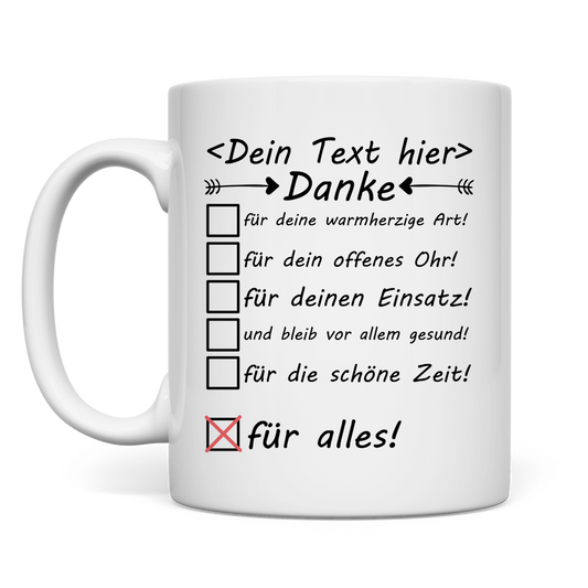Personalisierte Keramiktasse fuer Friedhofsgaertner mit Aufdruck Danke fuer alles und individuellem Namen, weisse Premium-Keramik mit glaenzender Oberflaeche, 330 ml Fassungsvermoegen