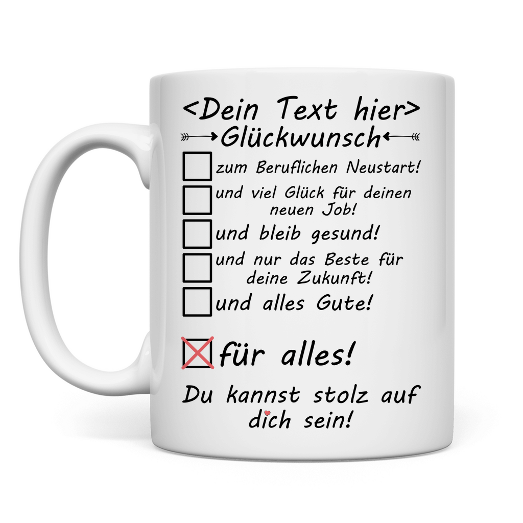 Personalisierte Tasse mit Glückwunsch zum beruflichen Neustart, ideales Geschenk für neuen Job oder Beförderung.
