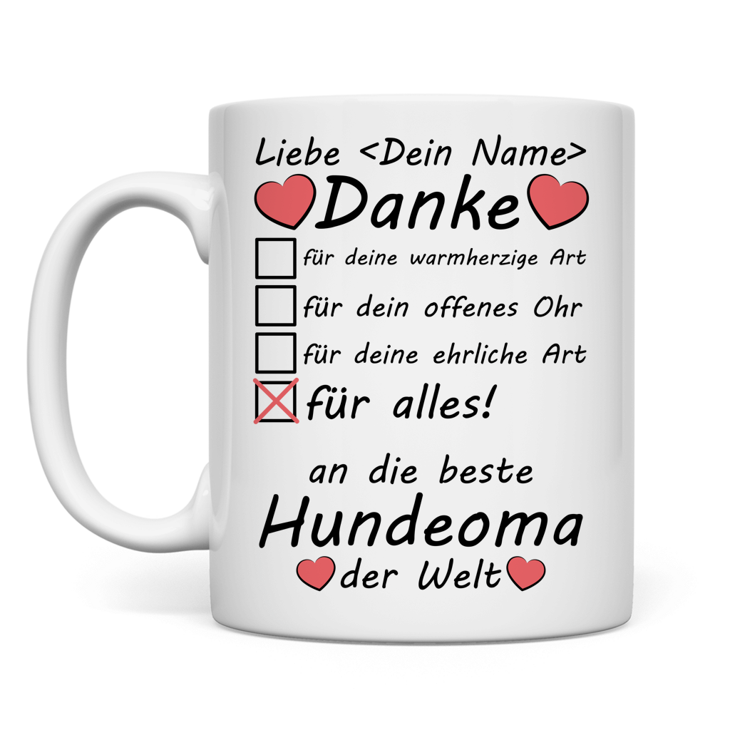 Personalisierte Keramiktasse fuer Hundeoma mit Danke-Spruch und Ankreuzfeldern, perfektes Geschenk zum Geburtstag, Muttertag, Weihnachten oder als Dankeschoen