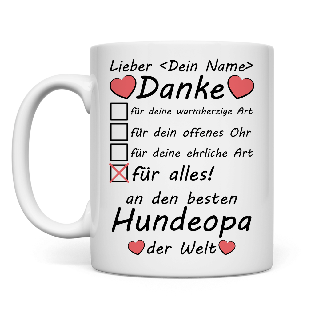 Personalisierte Keramiktasse fuer Hundeopa mit Danke-Spruch und Ankreuzfeldern, ideales Geschenk zum Geburtstag, Vatertag oder Weihnachten