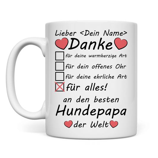Weisse Keramiktasse fuer Hundepapa mit Danke-Spruch und Ankreuzfeldern, perfektes Geschenk zum Vatertag, Geburtstag oder als Dankeschoen