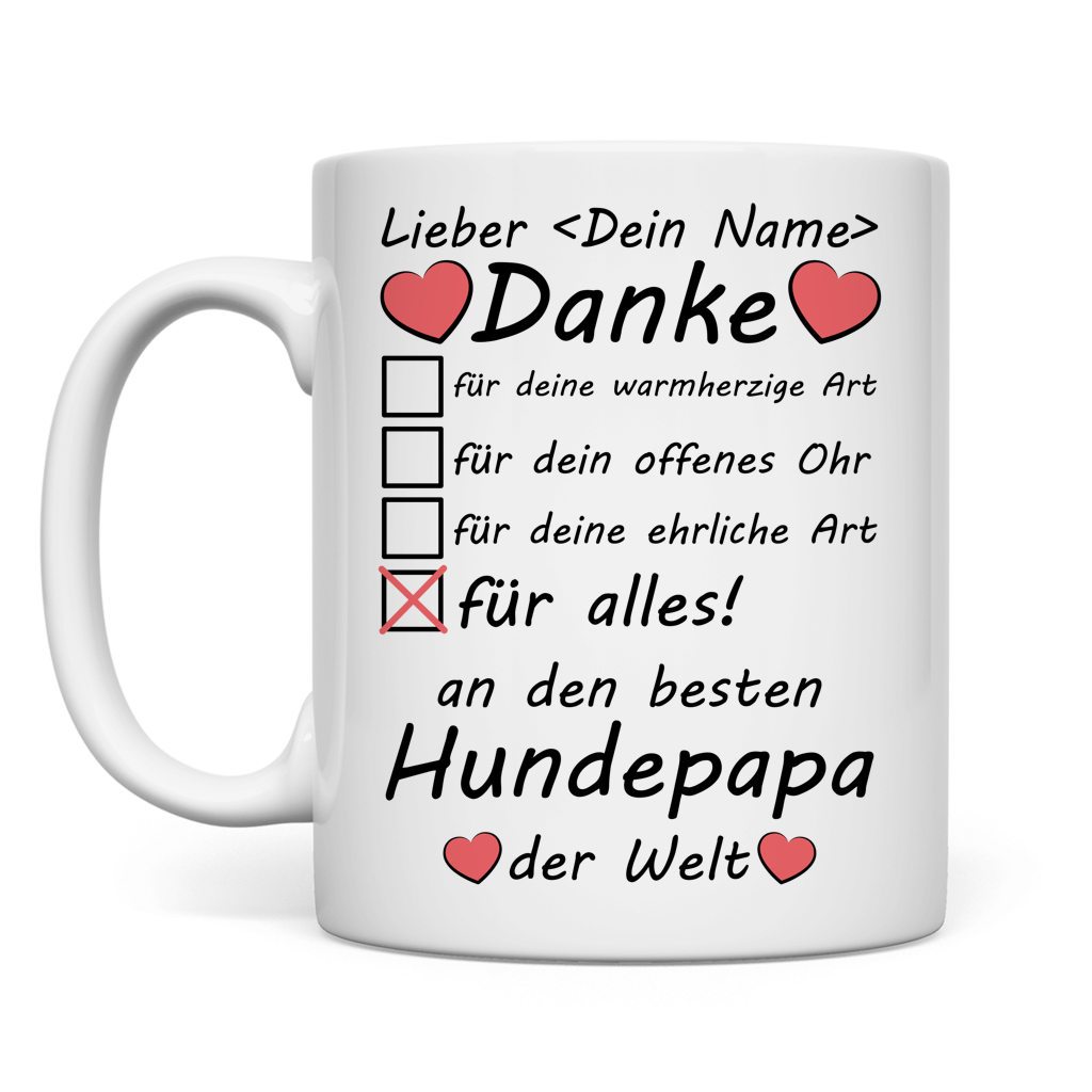 Weisse Keramiktasse fuer Hundepapa mit Danke-Spruch und Ankreuzfeldern, perfektes Geschenk zum Vatertag, Geburtstag oder als Dankeschoen