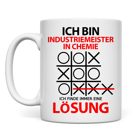Keramiktasse fuer Industriemeister Chemie mit Spruch Ich bin finde eine Loesung, Geschenk zum Abschluss Geburtstag Jubilaeum Danke sagen Abschiedsgeschenk, weisse Tasse 330ml