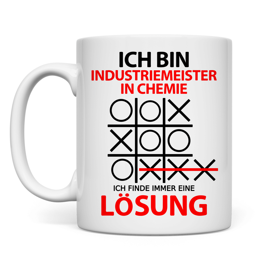 Keramiktasse fuer Industriemeister Chemie mit Spruch Ich bin finde eine Loesung, Geschenk zum Abschluss Geburtstag Jubilaeum Danke sagen Abschiedsgeschenk, weisse Tasse 330ml