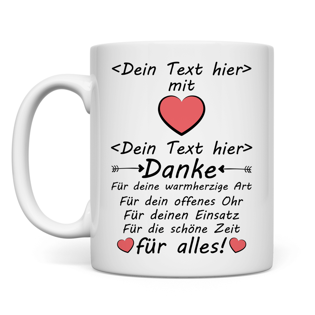 Personalisierte Keramiktasse fuer Kardiologen mit Wunschtext und Herz-Motiv, weisse Premium-Tasse fuer Herzspezialisten