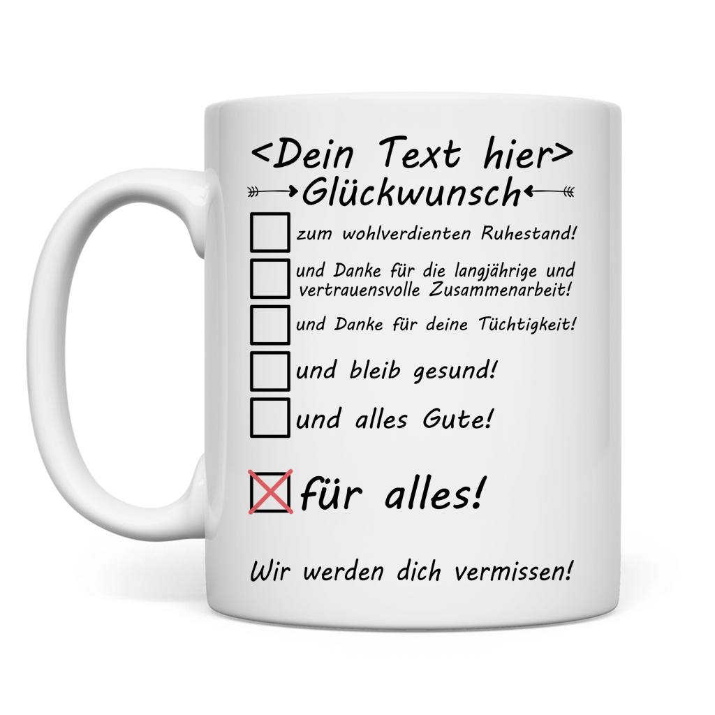  Weisse Keramiktasse mit Namensdruck fuer Kollegin zum Renteneintritt, Abschiedsgeschenk Ruhestand, Pensionierung, letzter Arbeitstag