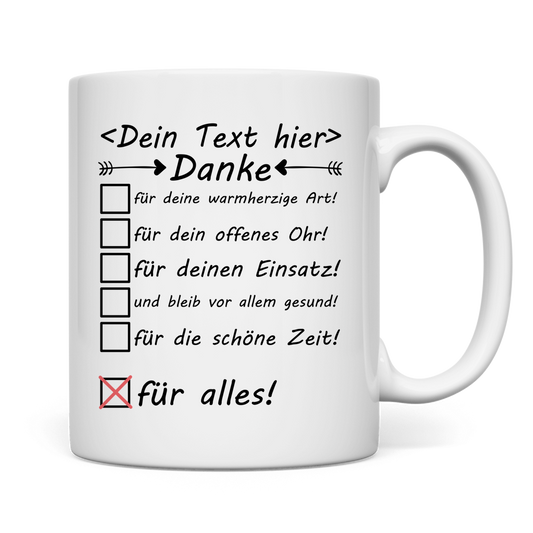  Personalisierte Keramiktasse fuer Leitstellendisponenten mit Aufdruck Danke fuer alles und individuellem Wunschtext, weisse Premium-Keramik mit glaenzender Oberflaeche, 330 ml Fassungsvermoegen
