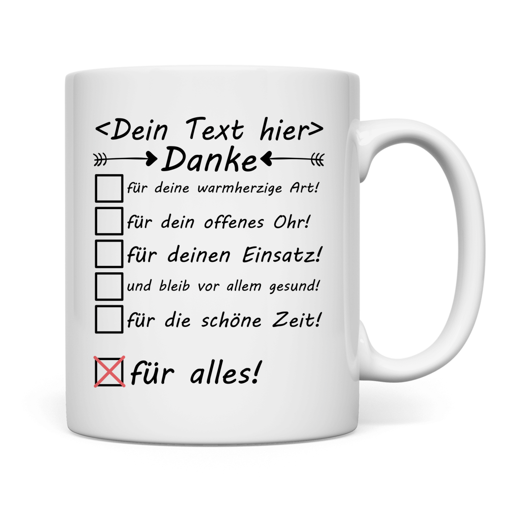  Personalisierte Keramiktasse fuer Leitstellendisponenten mit Aufdruck Danke fuer alles und individuellem Wunschtext, weisse Premium-Keramik mit glaenzender Oberflaeche, 330 ml Fassungsvermoegen