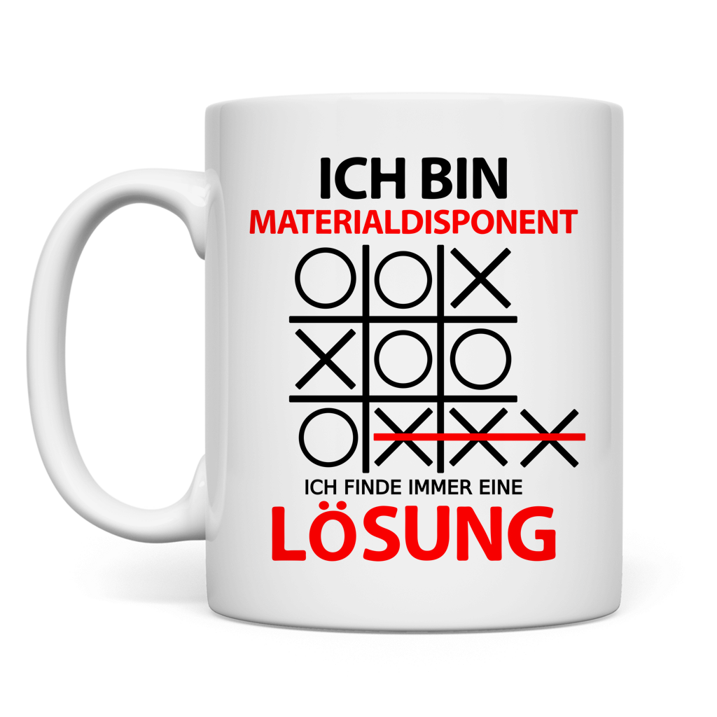 Keramiktasse fuer Materialdisponent mit Spruch Ich bin finde eine Loesung, Geschenk zum Geburtstag Abschluss Befoerderung Jubilaeum Danke sagen Abschiedsgeschenk Weihnachten Einstand, weisse Tasse 330ml