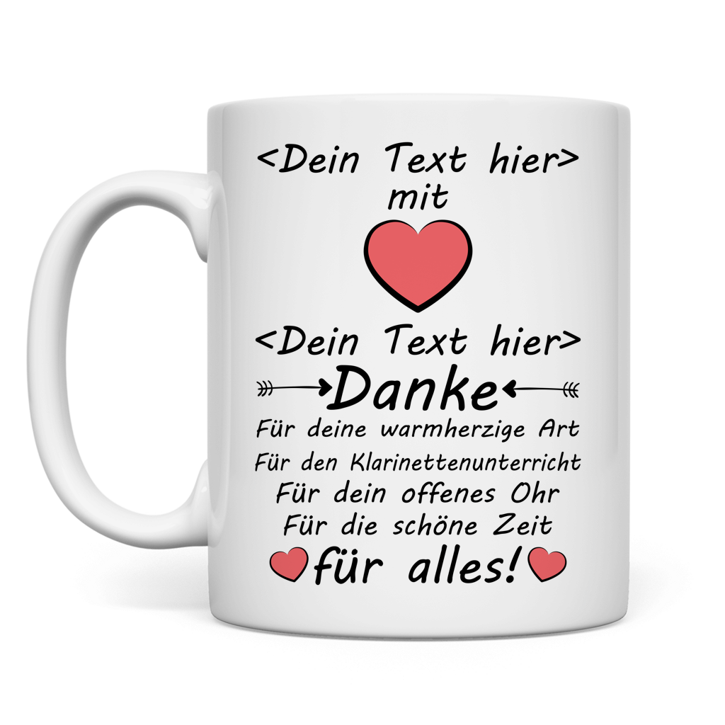 Personalisierte Keramiktasse fuer Musiklehrer mit Klarinetten-Motiv und Herz, weisse Premium-Tasse als Dankeschoen zum Abschied, Weihnachten, Geburtstag oder Schuljahresende