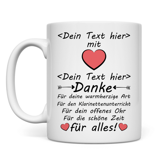 Personalisierte Keramiktasse fuer Musiklehrer mit Klarinetten-Motiv und Herz, weisse Premium-Tasse als Dankeschoen zum Abschied, Weihnachten, Geburtstag oder Schuljahresende