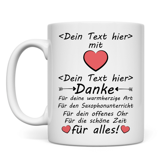 Personalisierte Keramiktasse fuer Musiklehrer mit Saxophon-Motiv und Herz, weisse Premium-Tasse als Dankeschoen zum Abschied, Weihnachten, Geburtstag oder Schuljahresende