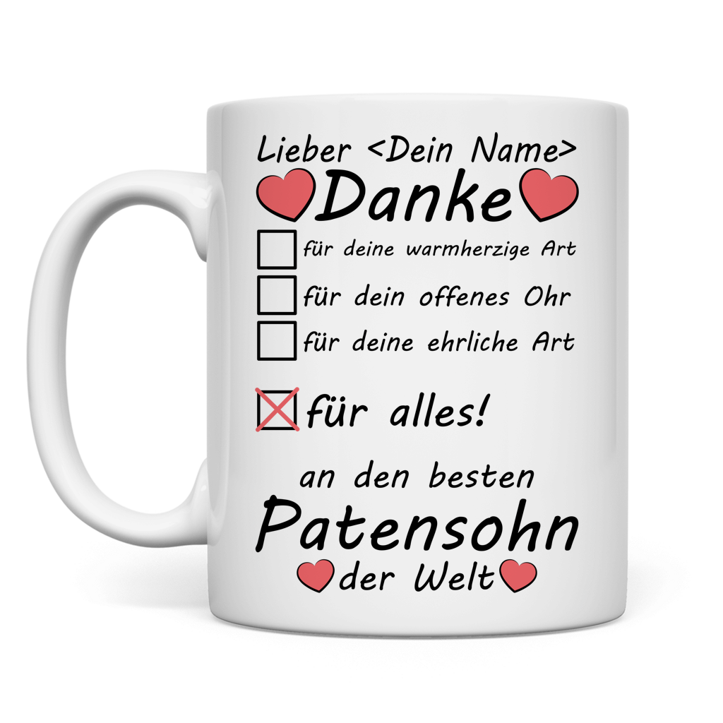 Premium Keramiktasse 330ml mit C-Henkel fuer Patensohn, ideales Abschiedsgeschenk und Dankeschoen fuer Geburtstag Konfirmation Taufe Weihnachten