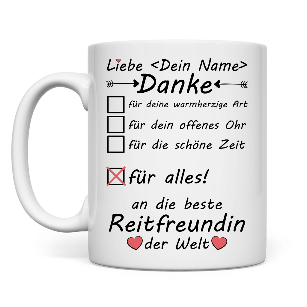 Personalisierte Tasse fuer Reitfreundin mit Namen als Dankeschoen Geschenk zum Abschied Geburtstag Stallwechsel Weihnachten Turniererfolg hochwertige Keramik mit Henkel