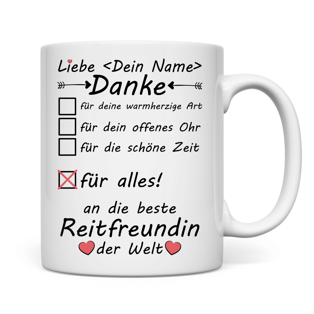 Weisse Keramiktasse mit Aufdruck Reitfreundin Danke fuer alles individuell mit Namen personalisierbar als Abschiedsgeschenk Reitstall Geburtstag Freundschaftsgeschenk Reitabzeichen Premium Qualitaet