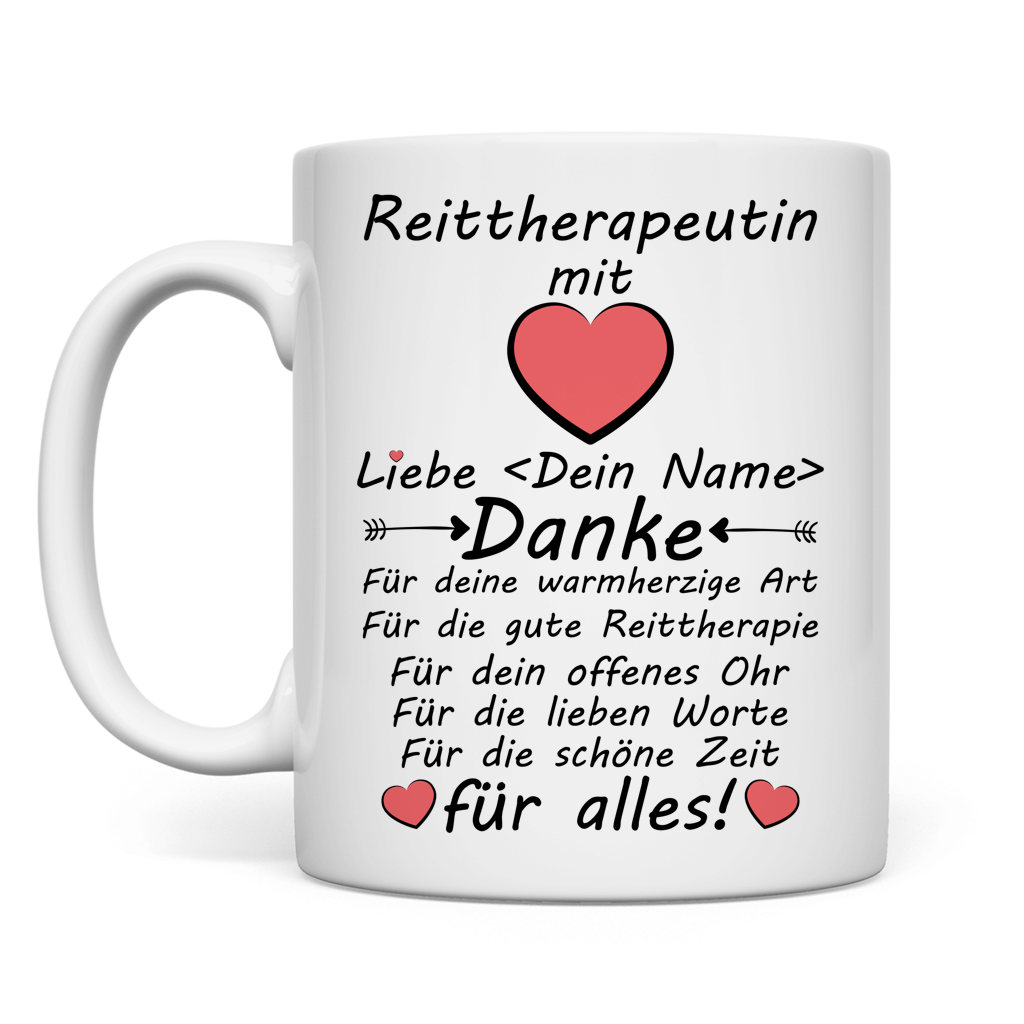 Personalisierte Keramiktasse fuer Reittherapeutin mit Herz-Motiv und Danke-Spruch, ideales Geschenk zum Abschied, Geburtstag oder zu Weihnachten