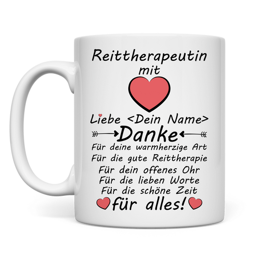 Personalisierte Keramiktasse fuer Reittherapeutin mit Herz-Motiv und Danke-Spruch, ideales Geschenk zum Abschied, Geburtstag oder zu Weihnachten
