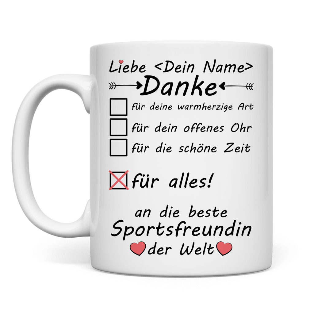  Personalisierte Tasse fuer Sportfreundin mit Namen als Dankeschoen Geschenk zum Abschied Geburtstag Vereinswechsel Trainingsabschluss hochwertige Keramik mit Henkel