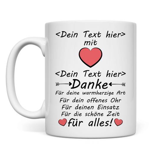 Weisse Keramiktasse mit Aufdruck Teamsprecher mit Herz danke fuer alles und personalisiertem Namen als Abschiedsgeschenk