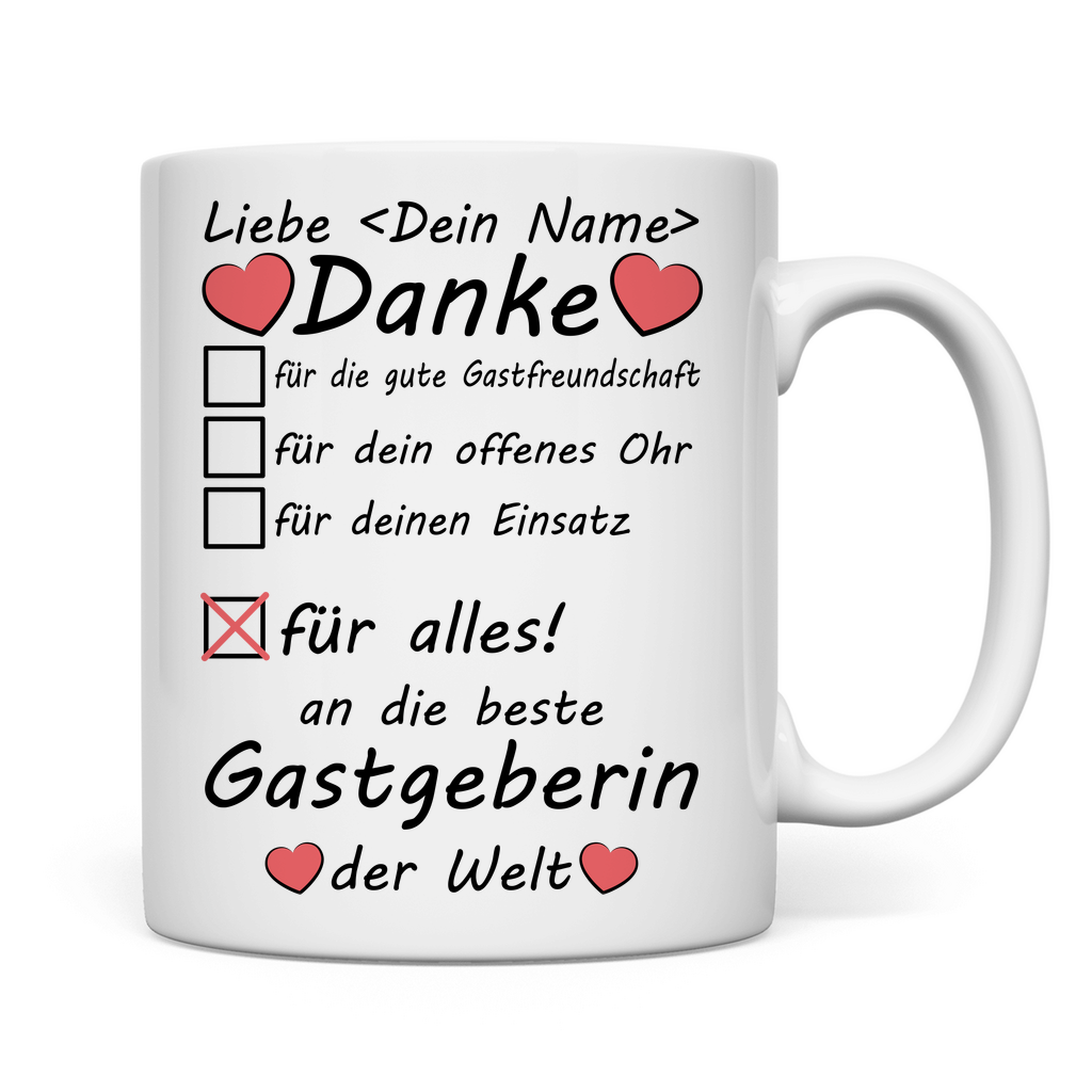 Personalisierte Kaffeetasse für den Gastgeber – Dankeschön-Geschenk mit Namensdruck